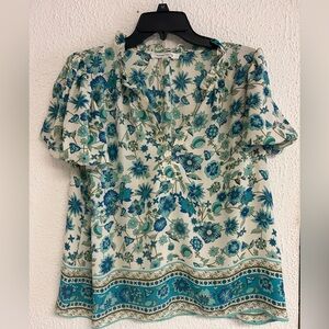 Rose & Olive Blue Floral Blouse Size MED L Boho Cottagecore Flowy Summer Spring